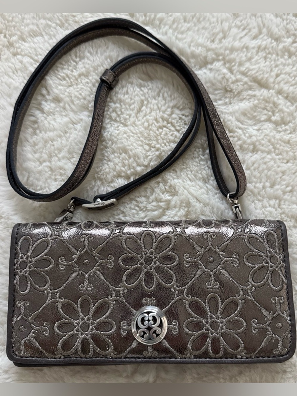 Brighton Valencia Metallic Embroidered Floral Leather Crossbody Wallet Bag